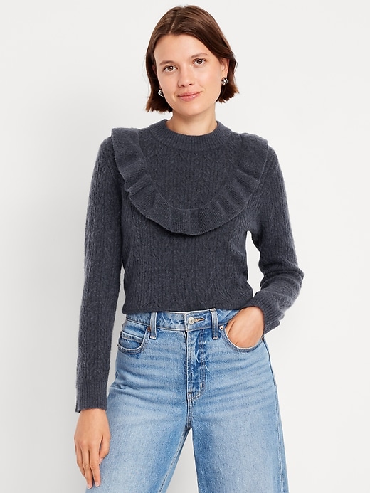 Image number 1 showing, Wool-Blend Cropped Ruffle Sweater