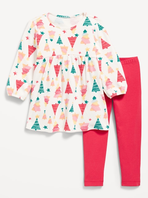 Long-Sleeve Waffle-Knit Dress and Leggings Set for Toddler Girls - Christmas Tree
