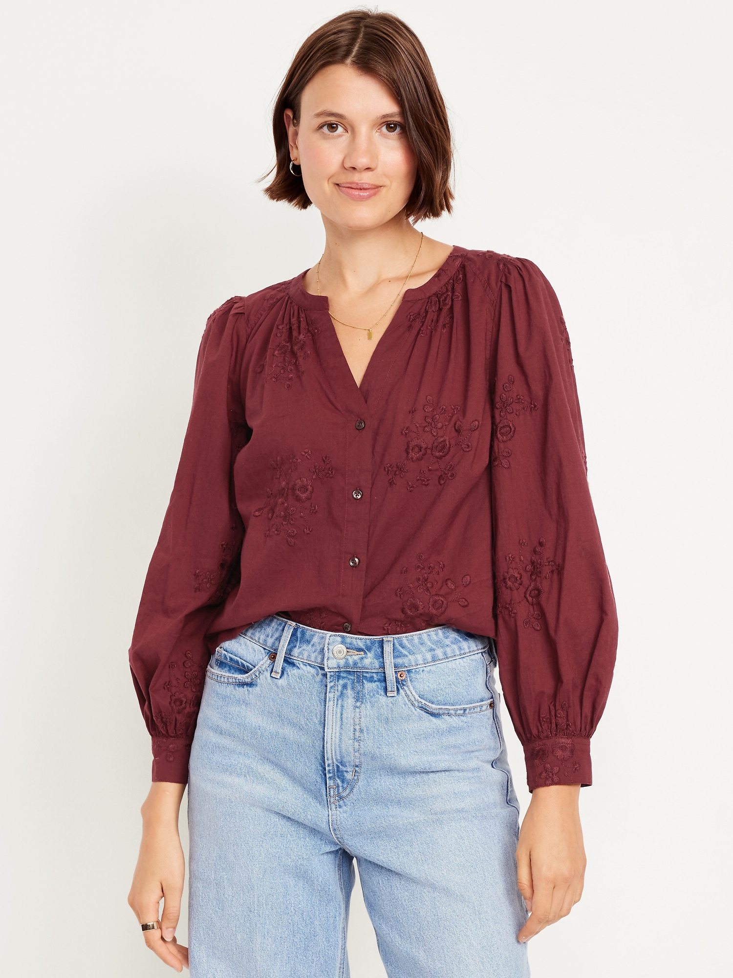 Button-Down Embroidered Top