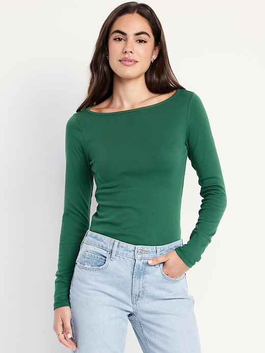 Image number 1 showing, Snug Long-Sleeve Boat-Neck T-Shirt