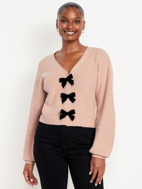 SoSoft V-Neck Bow-Front Cardigan Sweater - Powder Pink