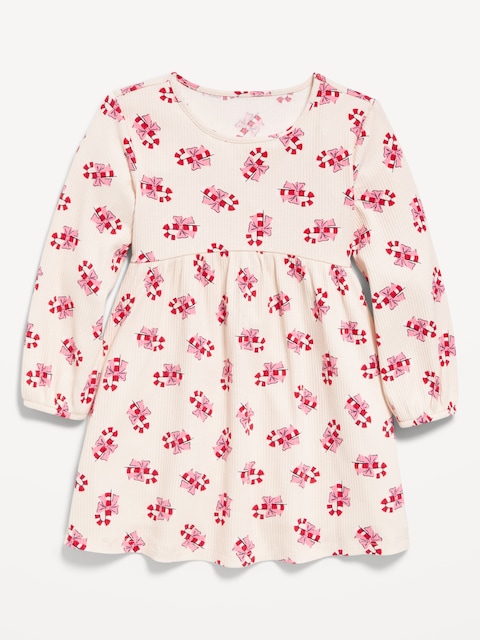 Printed Long-Sleeve Ribbed Dress for Toddler Girls - Candy Cane Print