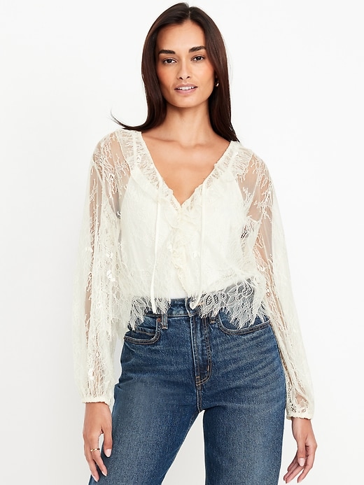 Image number 1 showing, Long-Sleeve Lace V-Neck Top