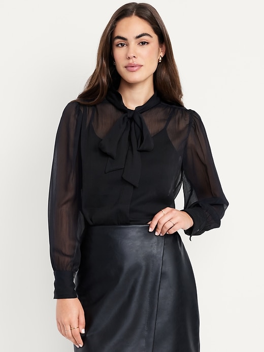 Image number 1 showing, Long-Sleeve Tie-Neck Chiffon Top