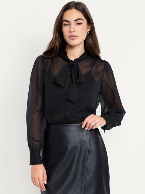 Long-Sleeve Tie-Neck Chiffon Top - Black Jack