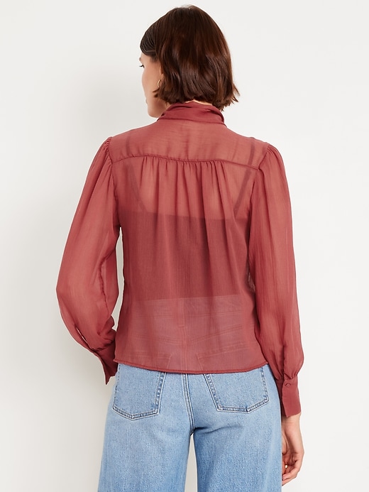 Image number 2 showing, Long-Sleeve Tie-Neck Chiffon Top