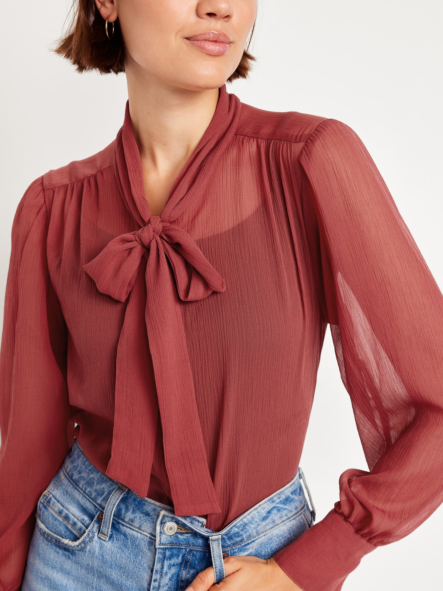 Long-Sleeve Tie-Neck Chiffon Top