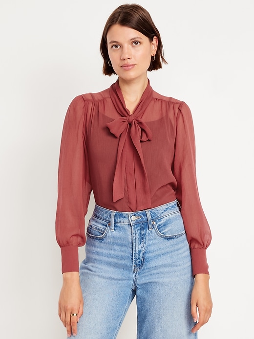 Image number 1 showing, Long-Sleeve Tie-Neck Chiffon Top