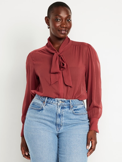 Image number 5 showing, Long-Sleeve Tie-Neck Chiffon Top