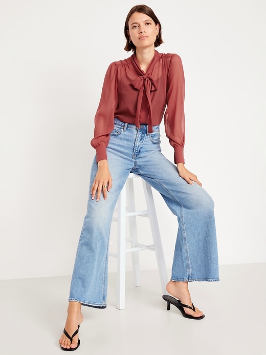Image number 3 showing, Long-Sleeve Tie-Neck Chiffon Top