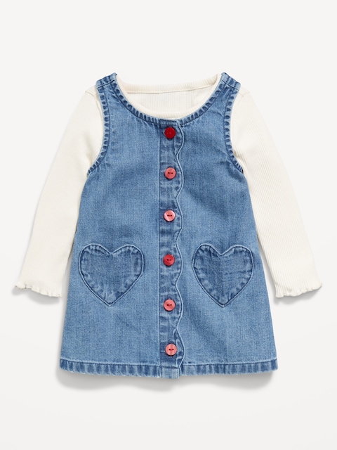Sleeveless Heart-Pocket Jean Dress and T-Shirt Set for Baby
