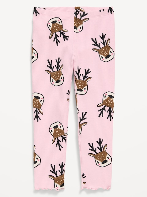 Printed Lettuce-Edge Leggings for Toddler Girls - Reindeer