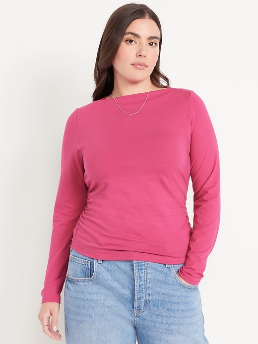 Image number 5 showing, Long-Sleeve Slit-Neck Ruched Top