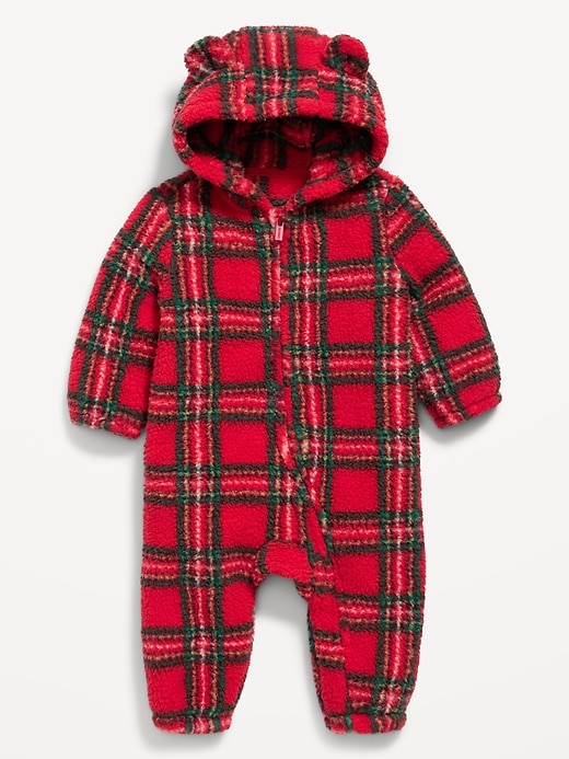 Image number 1 showing, Hooded Plaid Critter Sherpa One-Piece for Baby
