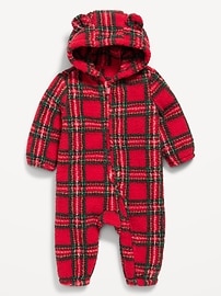 Image number 1 showing, Hooded Plaid Critter Sherpa One-Piece for Baby