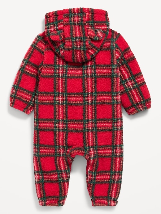 Image number 2 showing, Hooded Plaid Critter Sherpa One-Piece for Baby
