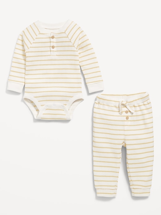Image number 3 showing, Long-Sleeve Thermal-Knit Henley Bodysuit and Pants Set for Baby