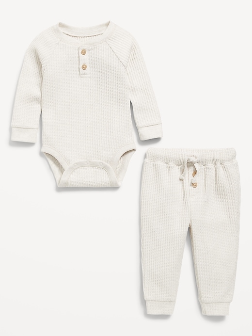 Image number 3 showing, Long-Sleeve Thermal-Knit Henley Bodysuit and Pants Set for Baby