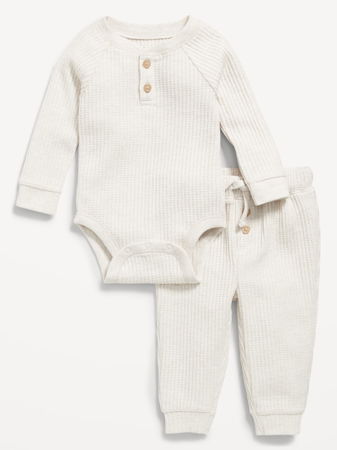 Long-Sleeve Thermal-Knit Henley Bodysuit and Pants Set for Baby