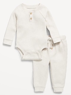 Long-Sleeve Thermal-Knit Henley Bodysuit and Pants Set for Baby