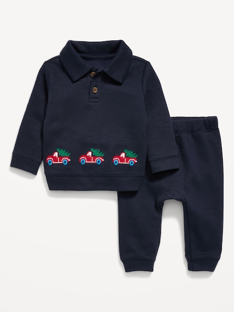 Long-Sleeve Collared Ribbed Top and Pants Set for Baby