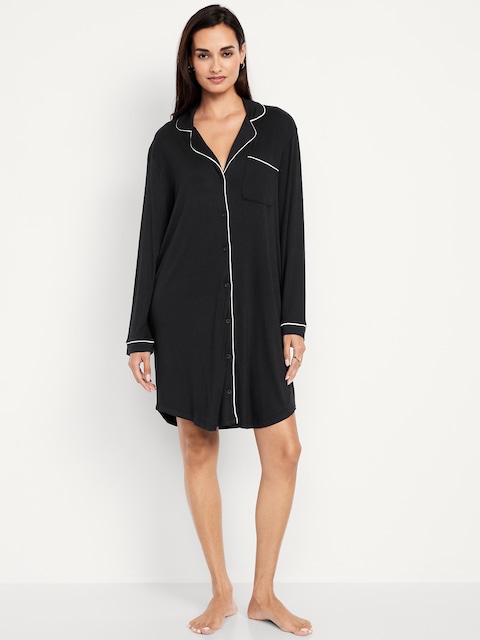 Long-Sleeve Knit Sleep Shirt - Black Jack