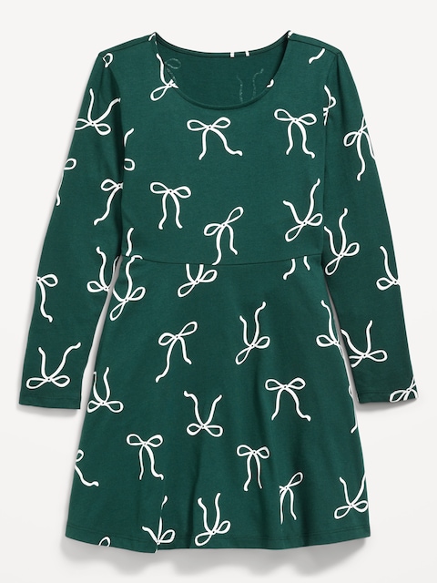 Printed Long-Sleeve Fit and Flare Dress for Girls - Bows