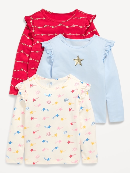 Image number 1 showing, Long-Sleeve Ruffle-Shoulder T-Shirt 3-Pack for Toddler Girls