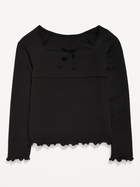 Fitted Long-Sleeve Lace-Tie Ribbed T-Shirt for Girls - Black Jack