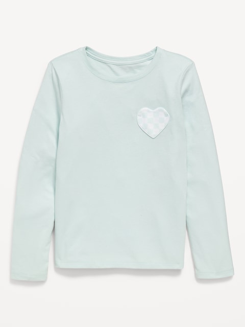 Softest Long-Sleeve Heart-Pocket T-Shirt for Girls - Seafoam