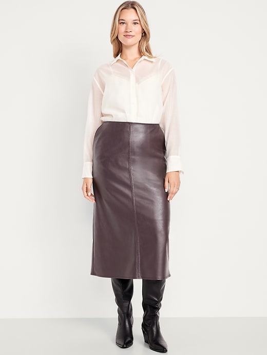 Image number 7 showing, High-Waisted Faux-Leather Midi Skirt