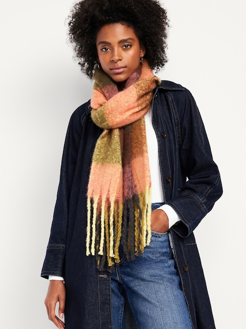 Brushed Fringed Scarf - Green Check