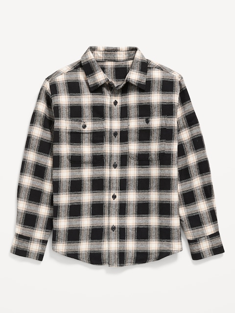 Long-Sleeve Pocket Plaid Flannel Shirt for Boys - Black Plaid