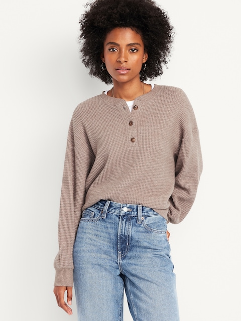 Oversized Cozy Waffle Henley Top - Mushroom