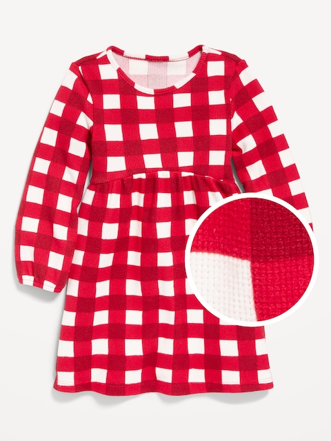 Long-Sleeve Waffle-Knit Dress for Toddler Girls - Red/White Plaid