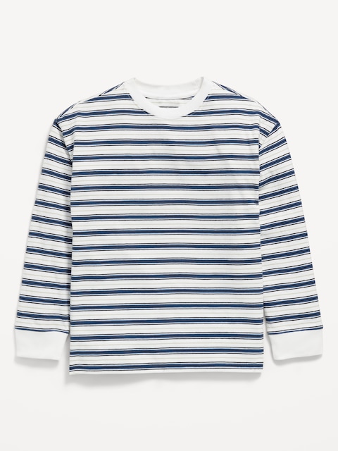 Printed Oversized Long-Sleeve T-Shirt for Boys - White & Blue Stripe