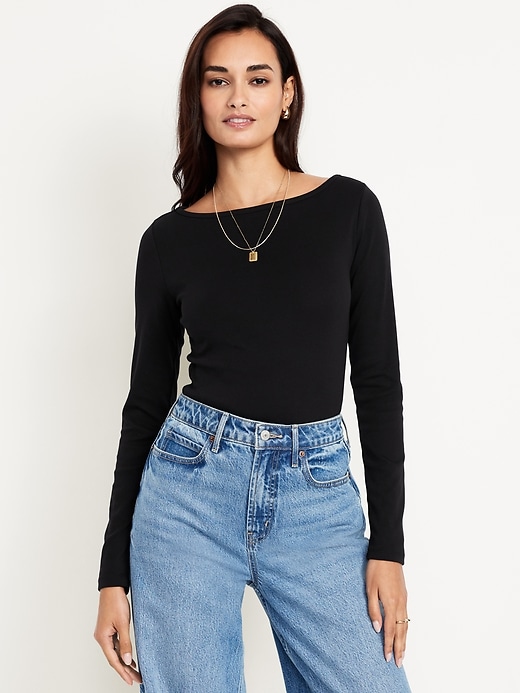 Image number 1 showing, Snug Long-Sleeve Boat-Neck T-Shirt