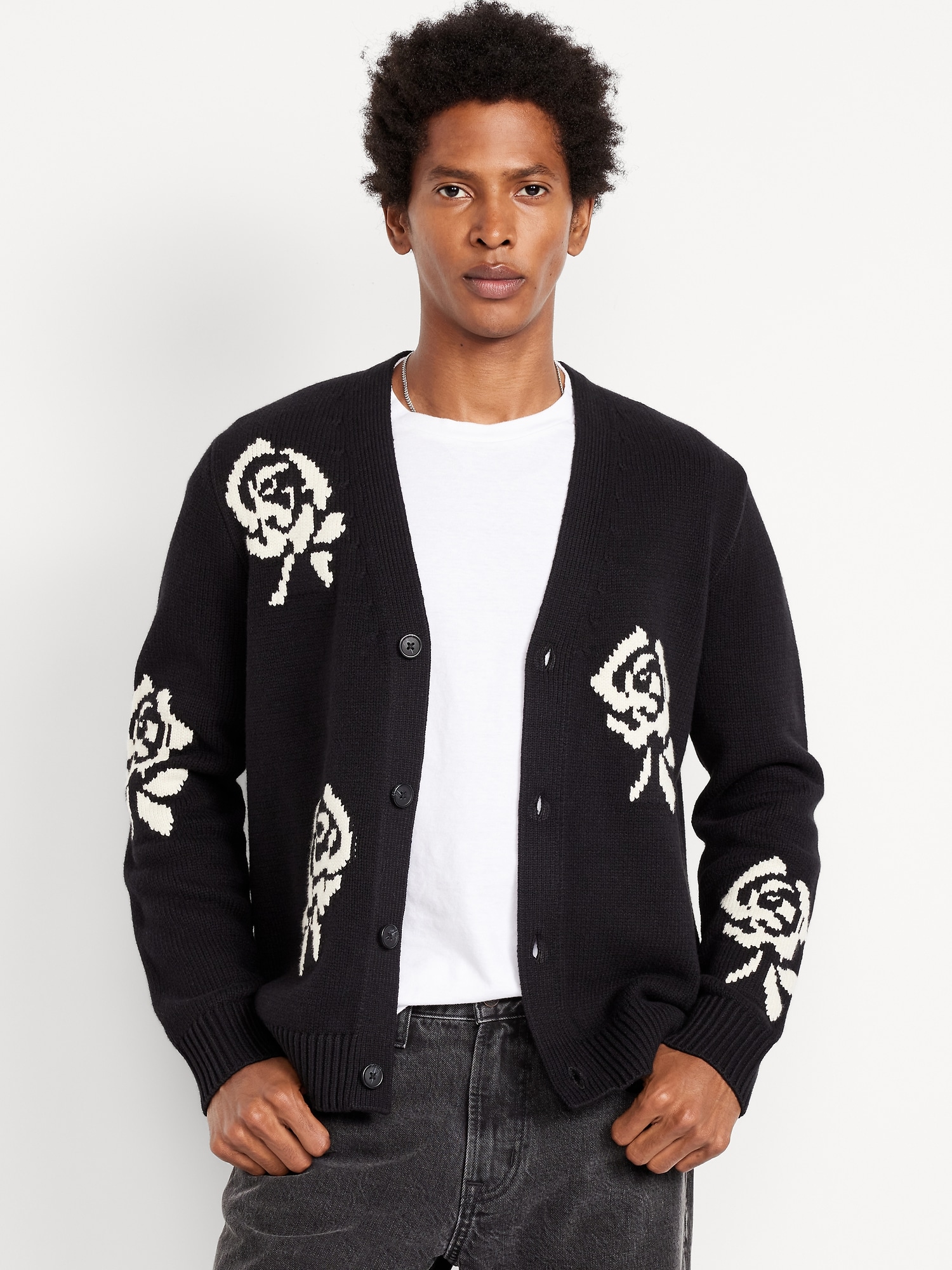 Rose Print V-Neck Cardigan Sweater