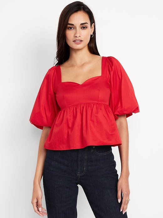 Image number 1 showing, Puff-Sleeve Satin Peplum Top