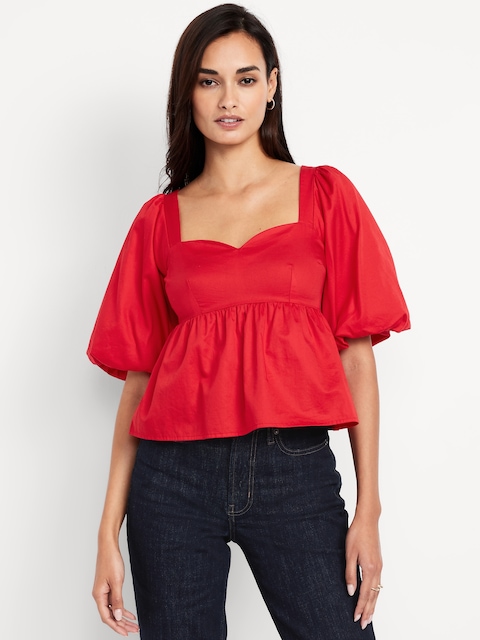 Puff-Sleeve Satin Peplum Top