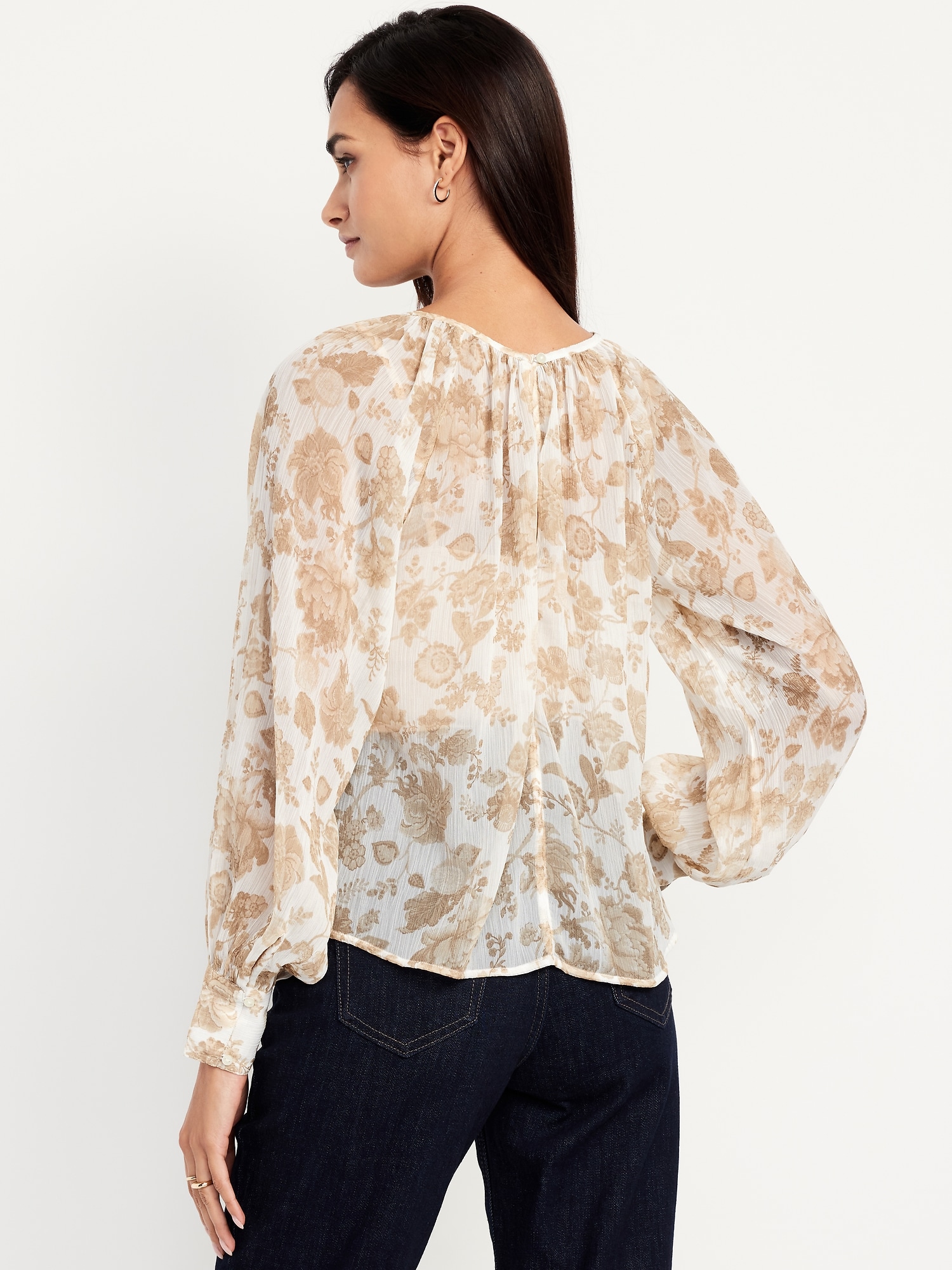 Shirred Chiffon Long-Sleeve Top