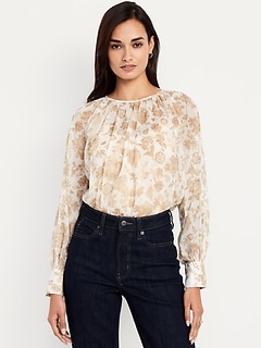 Shirred Chiffon Long-Sleeve Top