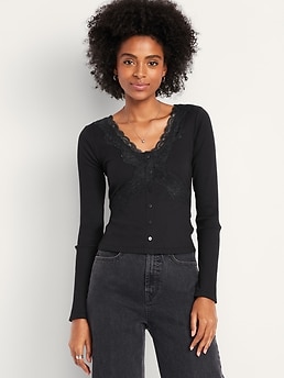 Lace-Trim V-Neck Ribbed Top - image 3