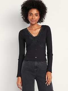 Lace-Trim V-Neck Ribbed Top