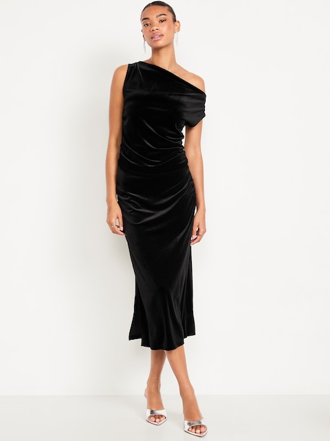 High-Waisted Ruched Velvet Midi Skirt - Black Jack