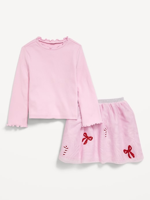 Long-Sleeve Pointelle Top and Tutu Skirt Set for Toddler Girls