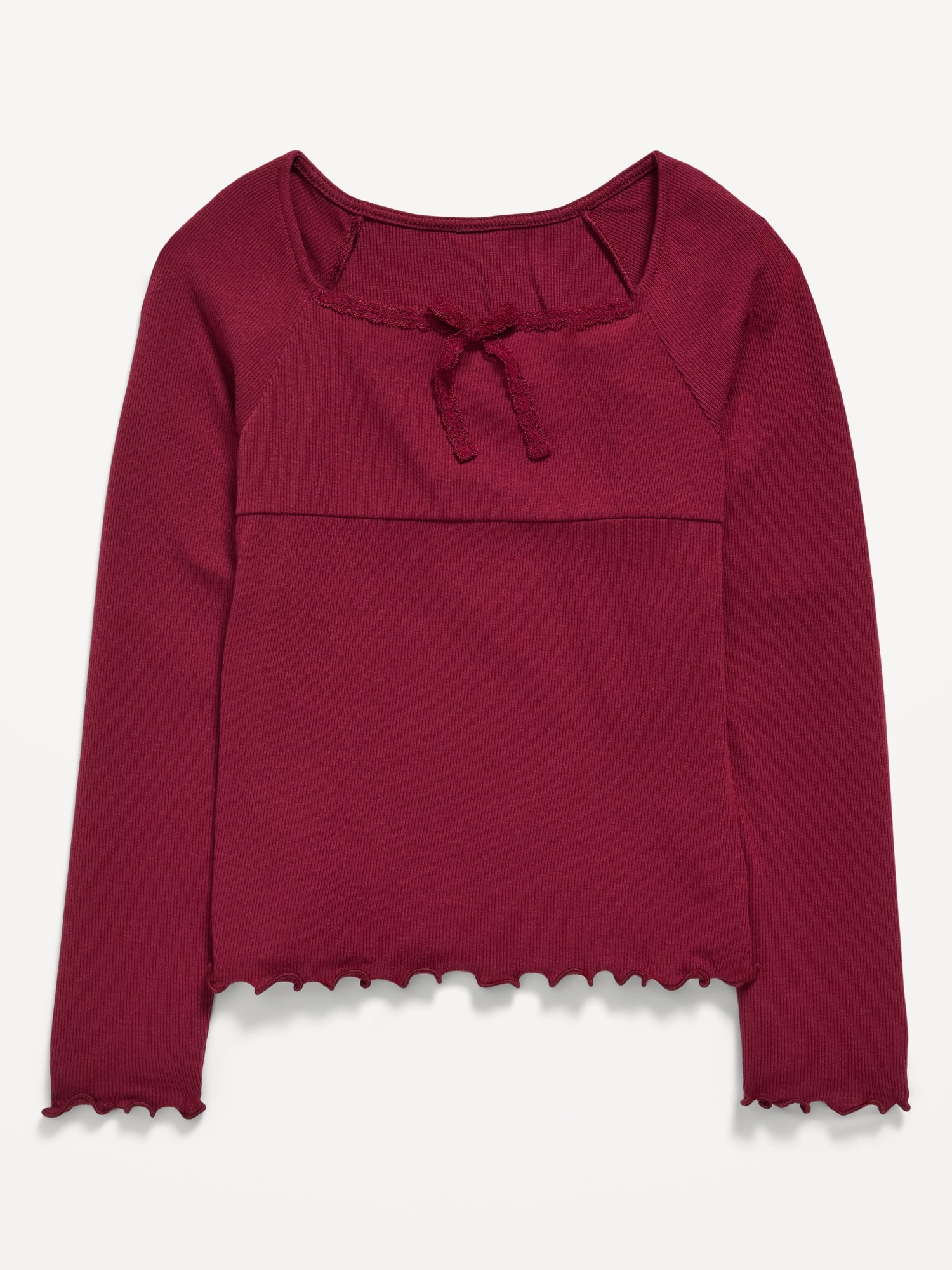 Fitted Long-Sleeve Lace-Tie Ribbed T-Shirt for Girls