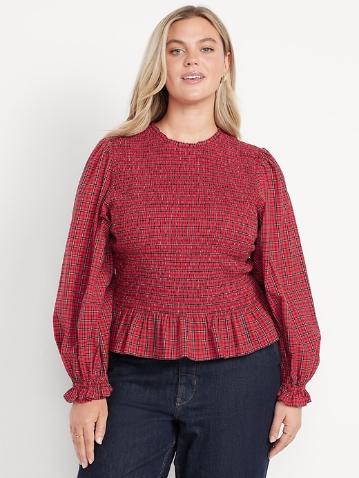 Image number 7 showing, Long-Sleeve Plaid Smocked Top