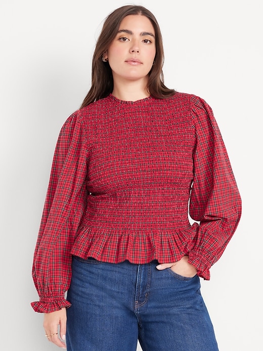 Image number 5 showing, Long-Sleeve Plaid Smocked Top