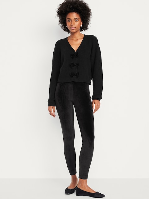 High-Waisted Velour Fashion Ankle Leggings - Black